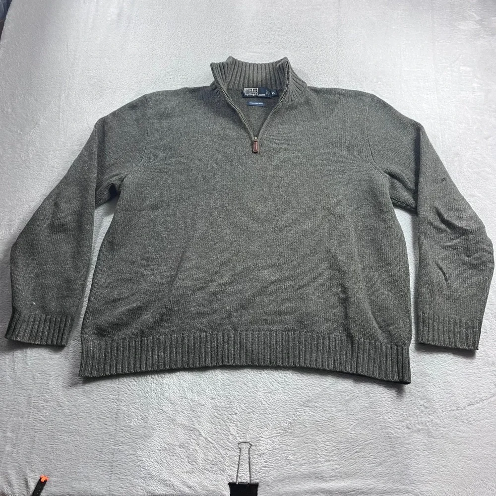 Polo Ralph Lauren Mens XL Grey 100% Lambswool Quarter Zip Pullover Sweater